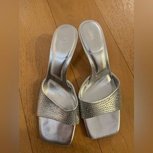 Zara Metallic Silver Slide Sandals